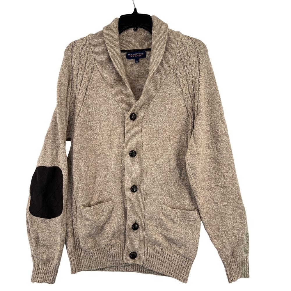 Roundtree & Yorke Shawl Collar Cardigan Men L Tan Cable Knit Elbow Patch Pockets